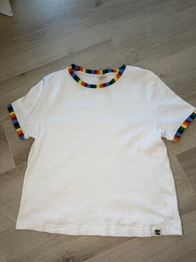 Lucy & Yak White Rainbow Ringer Tee Organic Cotton Short Sleeve Sz M